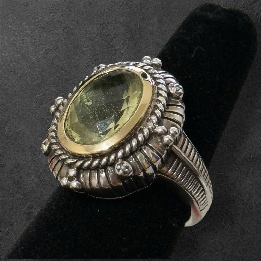 Designer 14k & Sterling Green Citrine Faceted Size 7 Ring